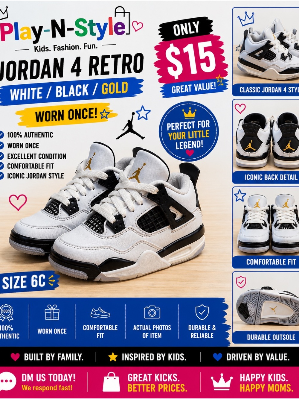 Kids Sneakers - White/Black/Gold (Size 6C)